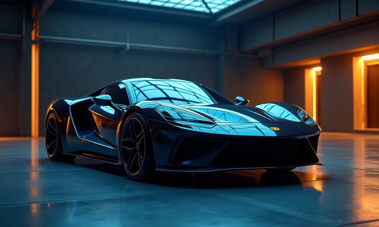 Coche deportivo siendo modificado en taller de lujo